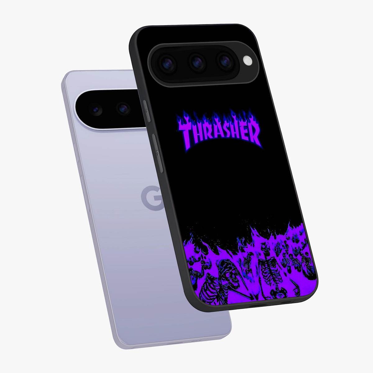 Neon Flame Riot Glass Case displayed in angled mockup highlighting glowing flame design with vibrant neon aesthetic.