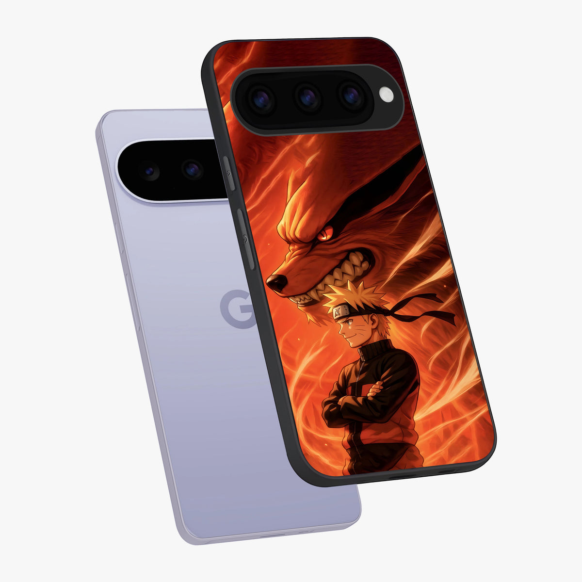 Nine Tails Legacy Glass Case displayed in angled mockup highlighting dynamic anime beast illustration with bold mystical aesthetic.