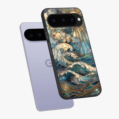 Oceanic Stained Printed Glass Case displayed in angled mockup highlighting colorful aquatic design with artistic aesthetic style.