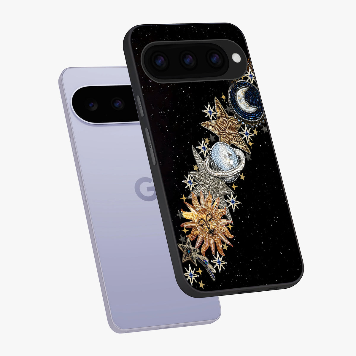 Pearls Universe Object Glass Case displayed in angled mockup highlighting celestial pearl design with dreamy aesthetic.