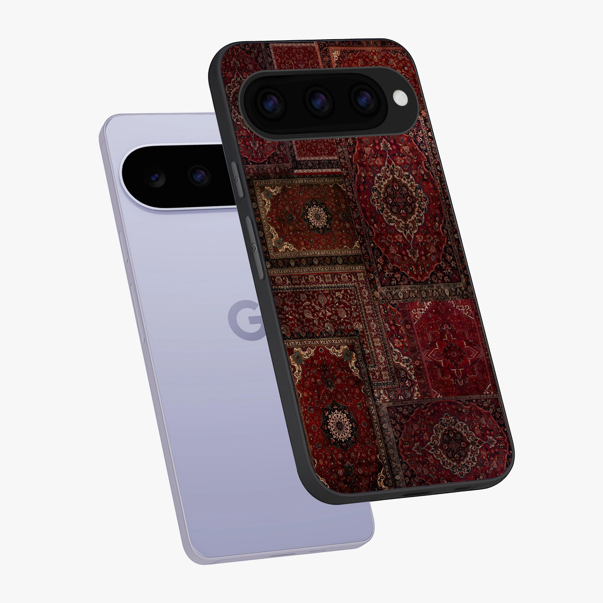 Persian Velvet Tale Glass Case displayed in angled mockup highlighting ornate textile inspired design with royal aesthetic.
