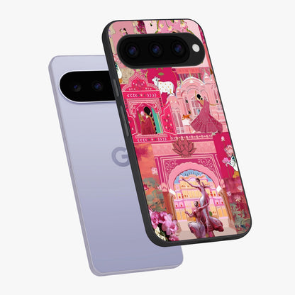 Pink Palace Muse Glass Case displayed in angled mockup highlighting dreamy palace illustration with soft pink aesthetic.