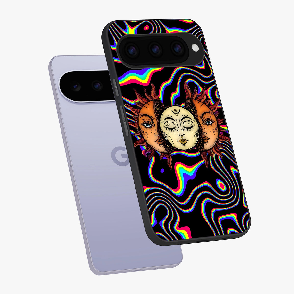 Psychedelic Sun Glass Case displayed in angled mockup highlighting vibrant abstract sun design with artistic aesthetic style.