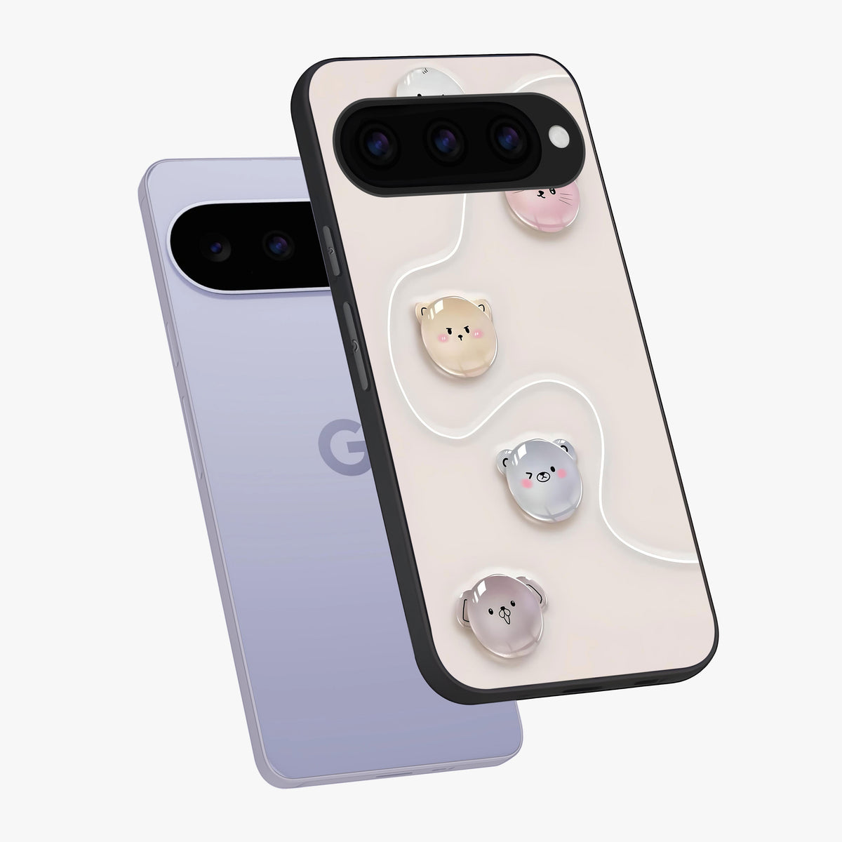 Puffy Face Parade Glass Case displayed in angled mockup highlighting playful cartoon face design with fun aesthetic.