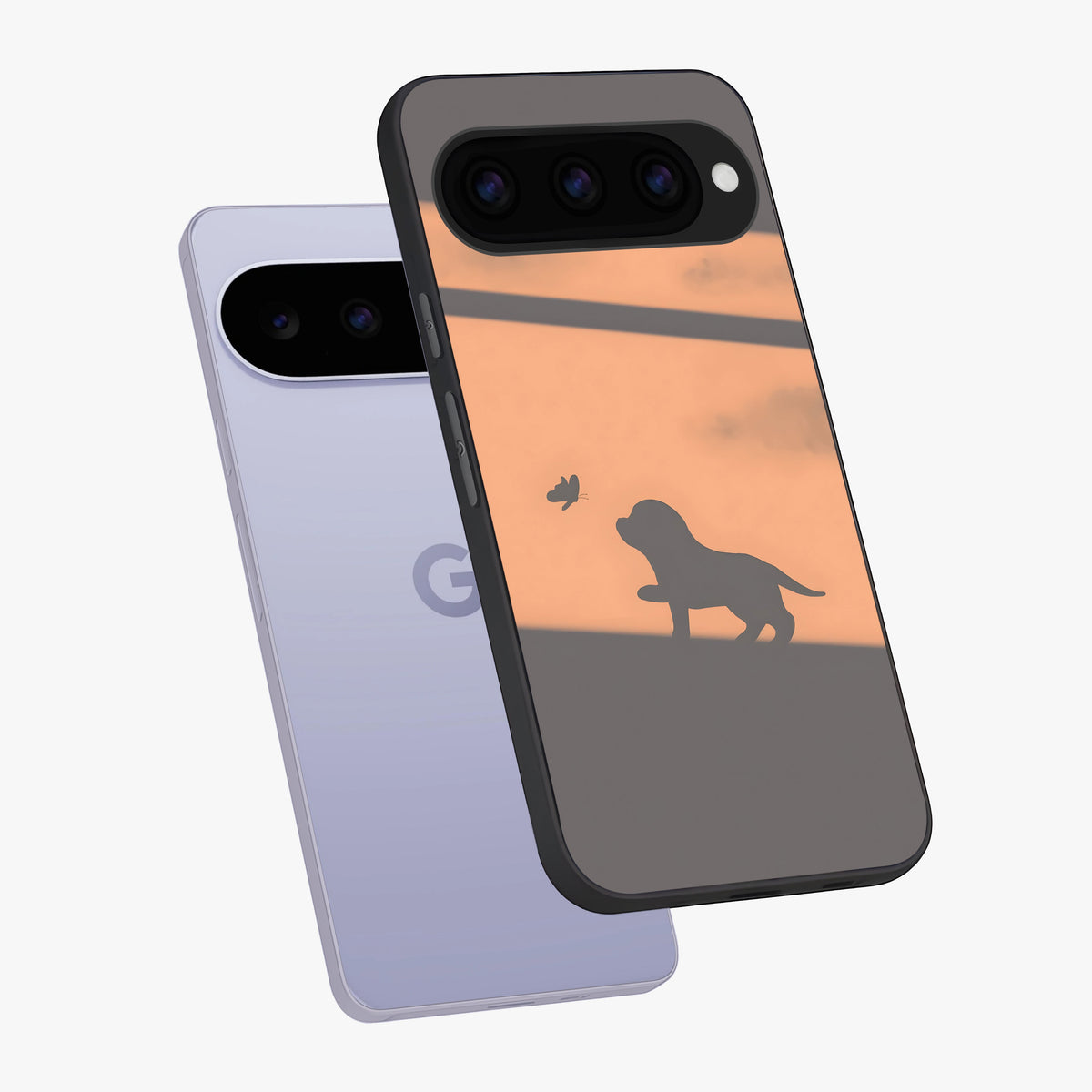 Puppy Shadow Art Glass Case displayed in angled mockup highlighting playful dog illustration with artistic shadow aesthetic.