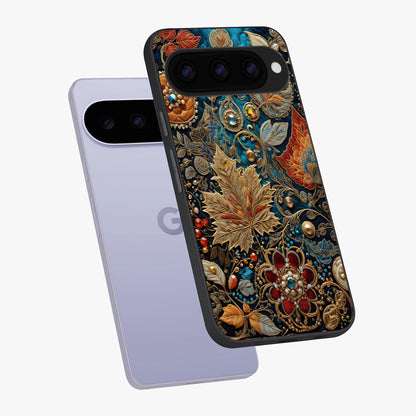 Royal Jewel Garden Glass Case displayed in angled mockup highlighting vibrant jewel inspired floral design with elegant aesthetic.