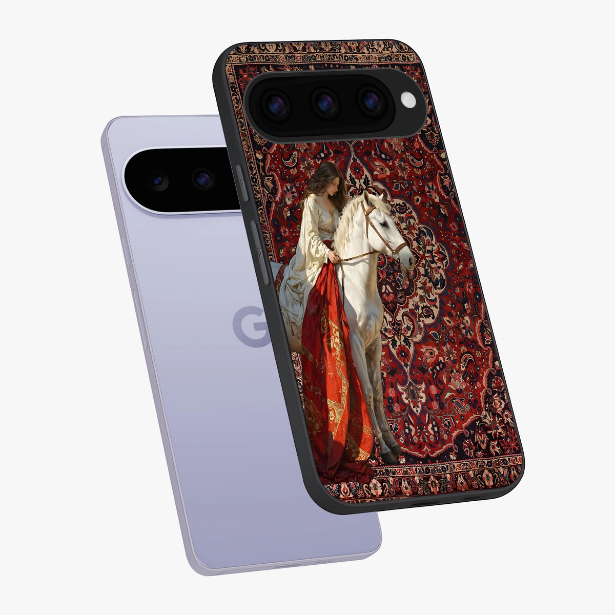 Royal Rider Tapestry Glass Case displayed in angled mockup highlighting traditional tapestry design with royal heritage aesthetic.