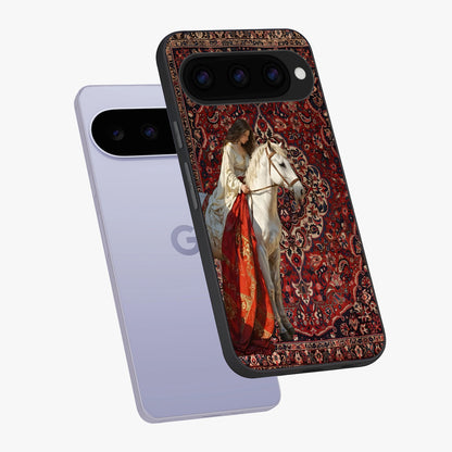 Royal Rider Tapestry Glass Case displayed in angled mockup highlighting traditional tapestry design with royal heritage aesthetic.