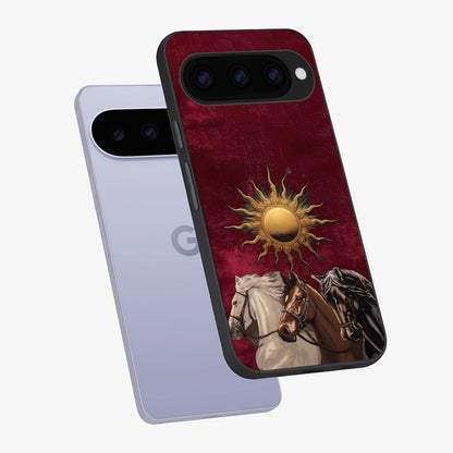 Solar Riders Glass Case displayed in angled mockup highlighting powerful rider illustration with radiant solar aesthetic.