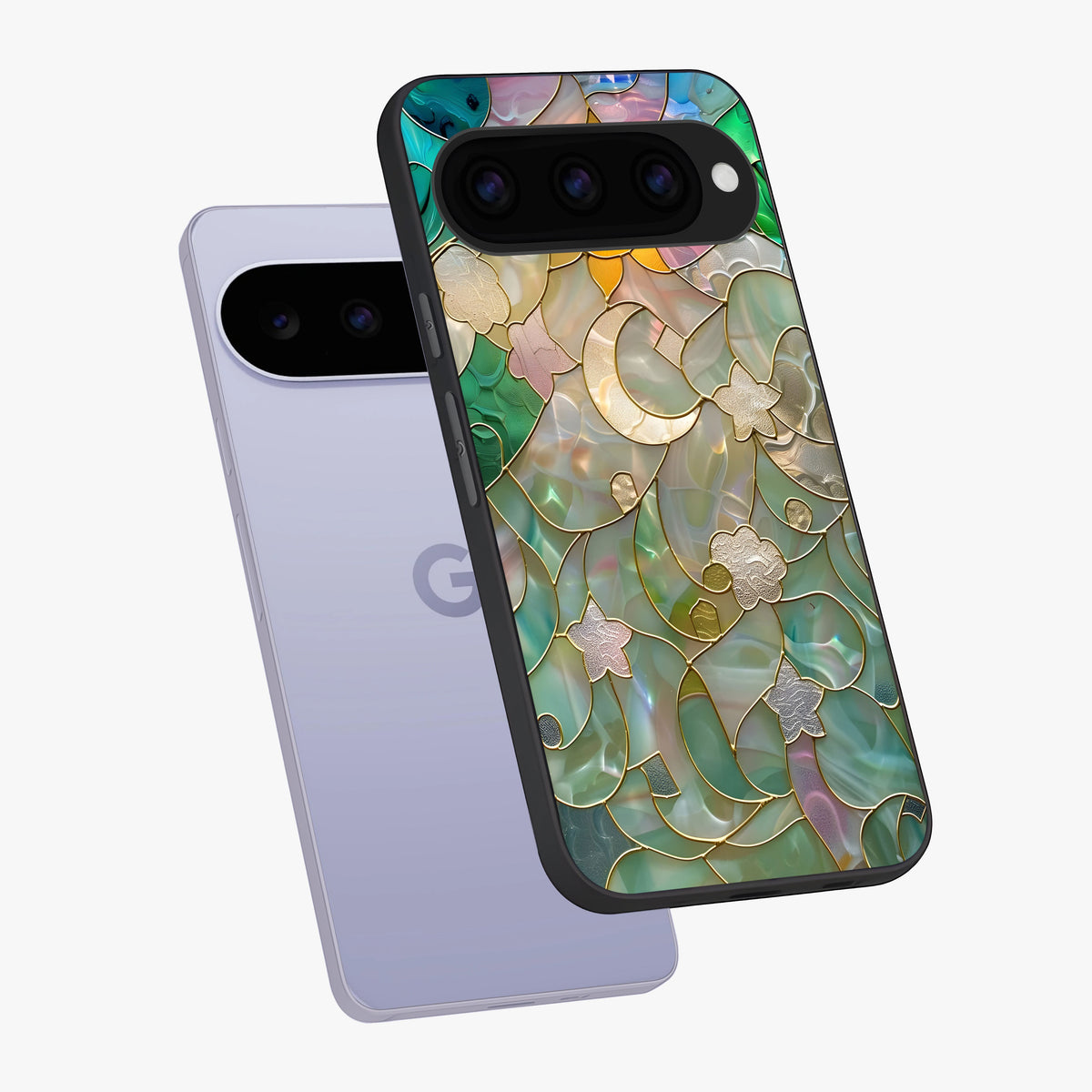 Stained Sunrise Glow Glass Case displayed in angled mockup highlighting radiant sunrise design with artistic aesthetic style.