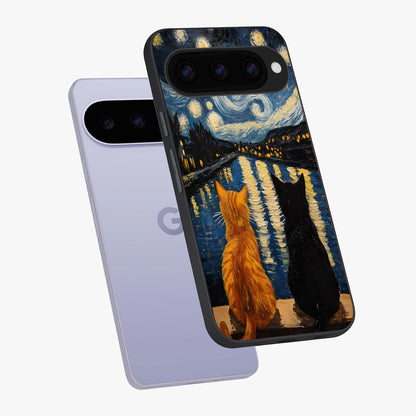 Starry River Cats Glass Case displayed in angled mockup highlighting charming feline illustration with dreamy night aesthetic.