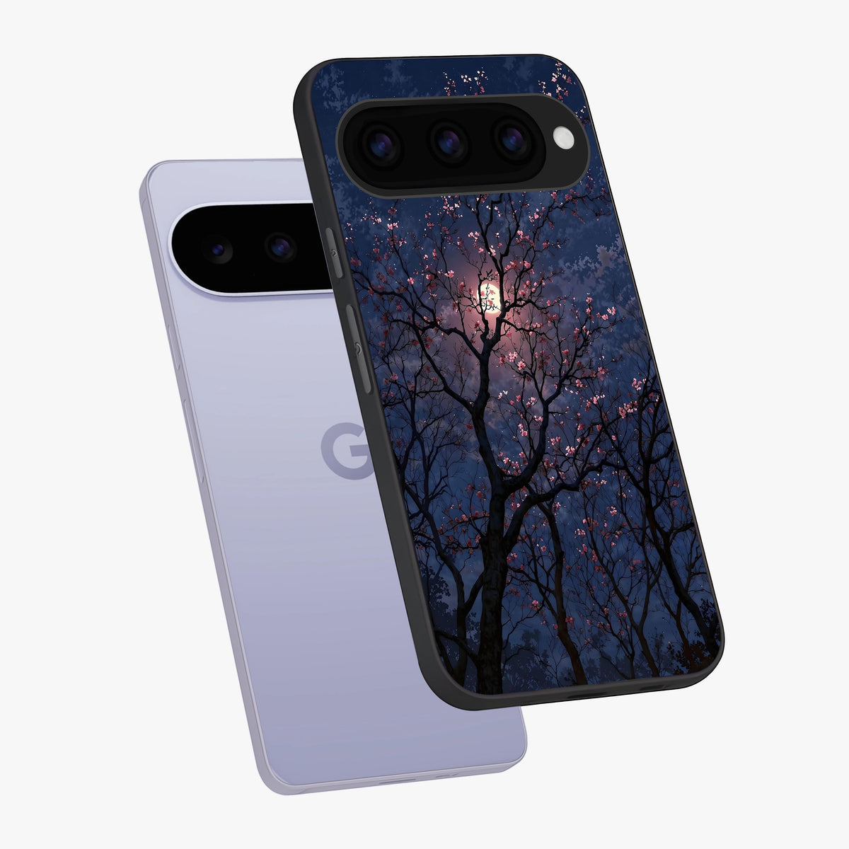 Twilight Sakura Serenade Glass Case displayed in angled mockup highlighting delicate sakura flower design with dreamy aesthetic.