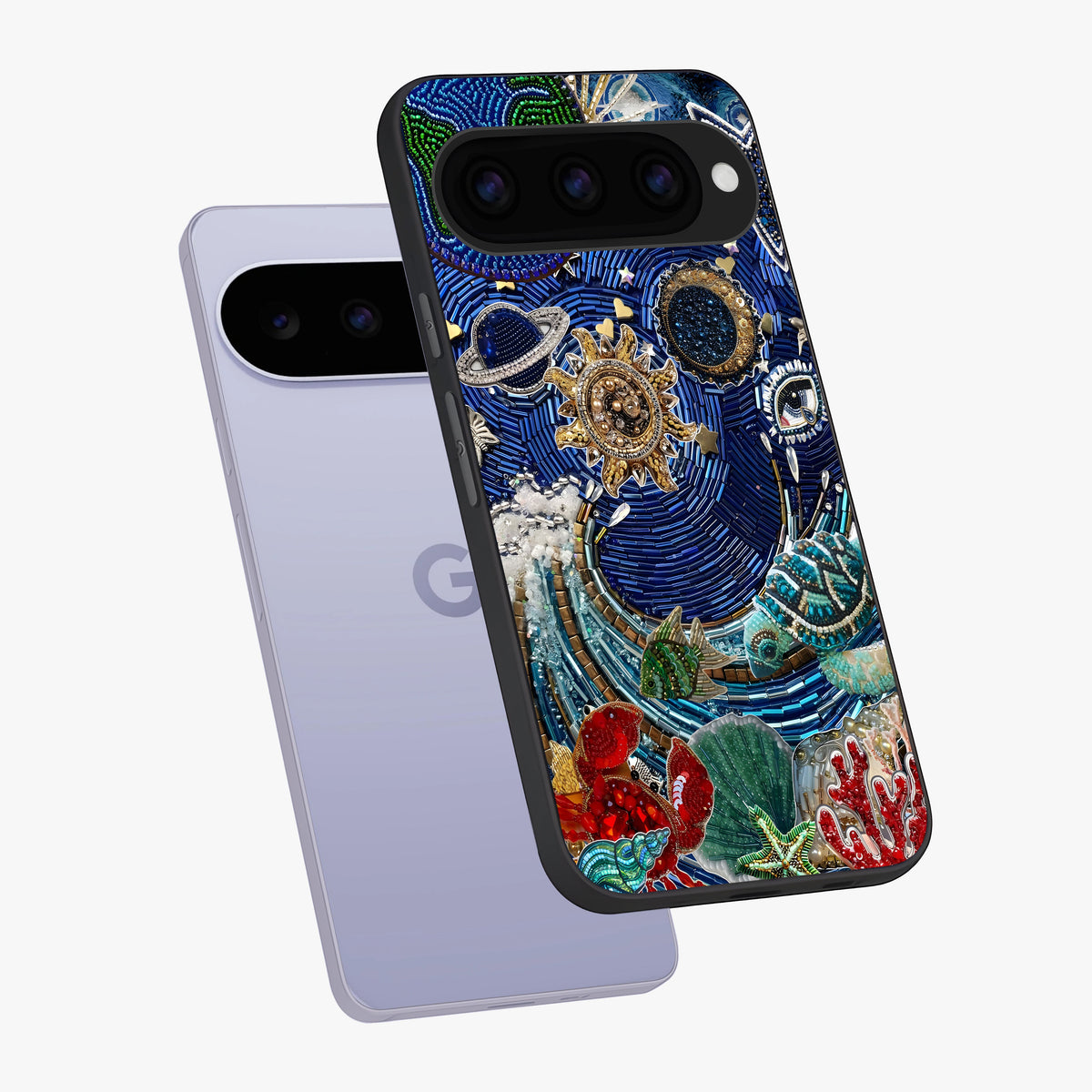 Universe Underwater Spark Glass Case displayed in angled mockup highlighting glowing aquatic design with celestial aesthetic.