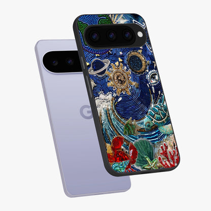 Universe Underwater Spark Glass Case displayed in angled mockup highlighting glowing aquatic design with celestial aesthetic.