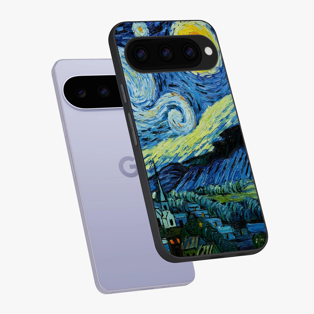 Van Gogh Art Glass Case displayed in angled mockup highlighting swirling brushstroke design with artistic aesthetic.