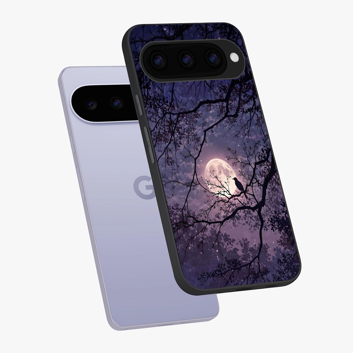 Whispering Moon Silence Glass Case displayed in angled mockup highlighting calm lunar design with dreamy night aesthetic.