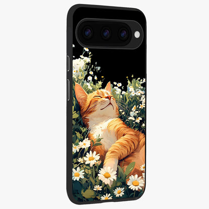 Blissful Bloom Cat Glass Case upright view showcasing charming cat design surrounded by blooming floral elements.