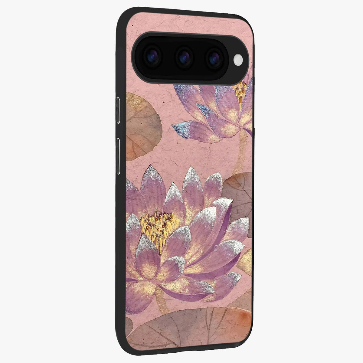 Blossom Mist Lotus Glass Case upright view showcasing graceful lotus flower design with peaceful botanical style.