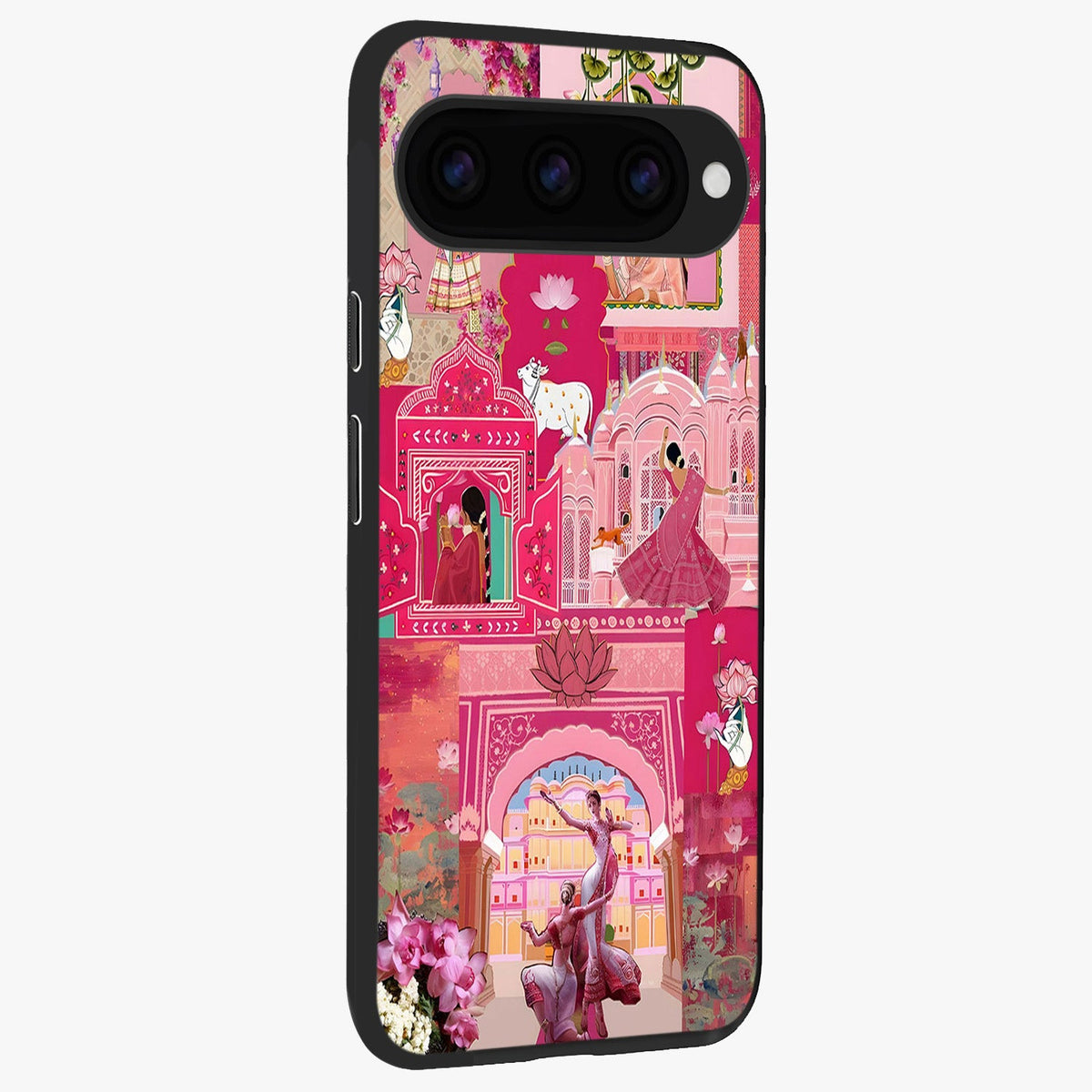 Blossoms of Rajasthan Glass Case upright view showcasing colorful floral design inspired by traditional Indian art.
