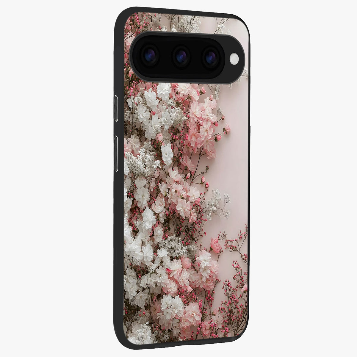 Blush Blossom Cloud Glass Case upright view showcasing calm floral cloud artwork with gentle dreamy theme.