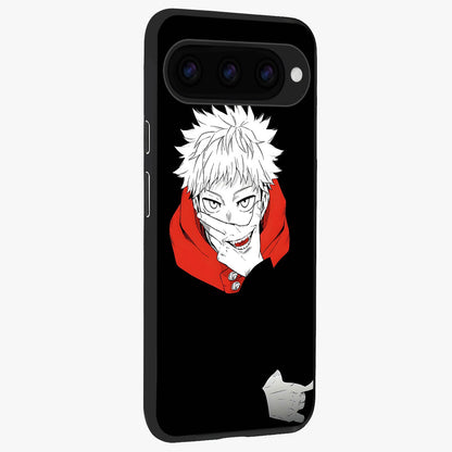 Crimson Chaos Smile Glass Case upright view showcasing expressive chaotic artwork with striking visual theme.