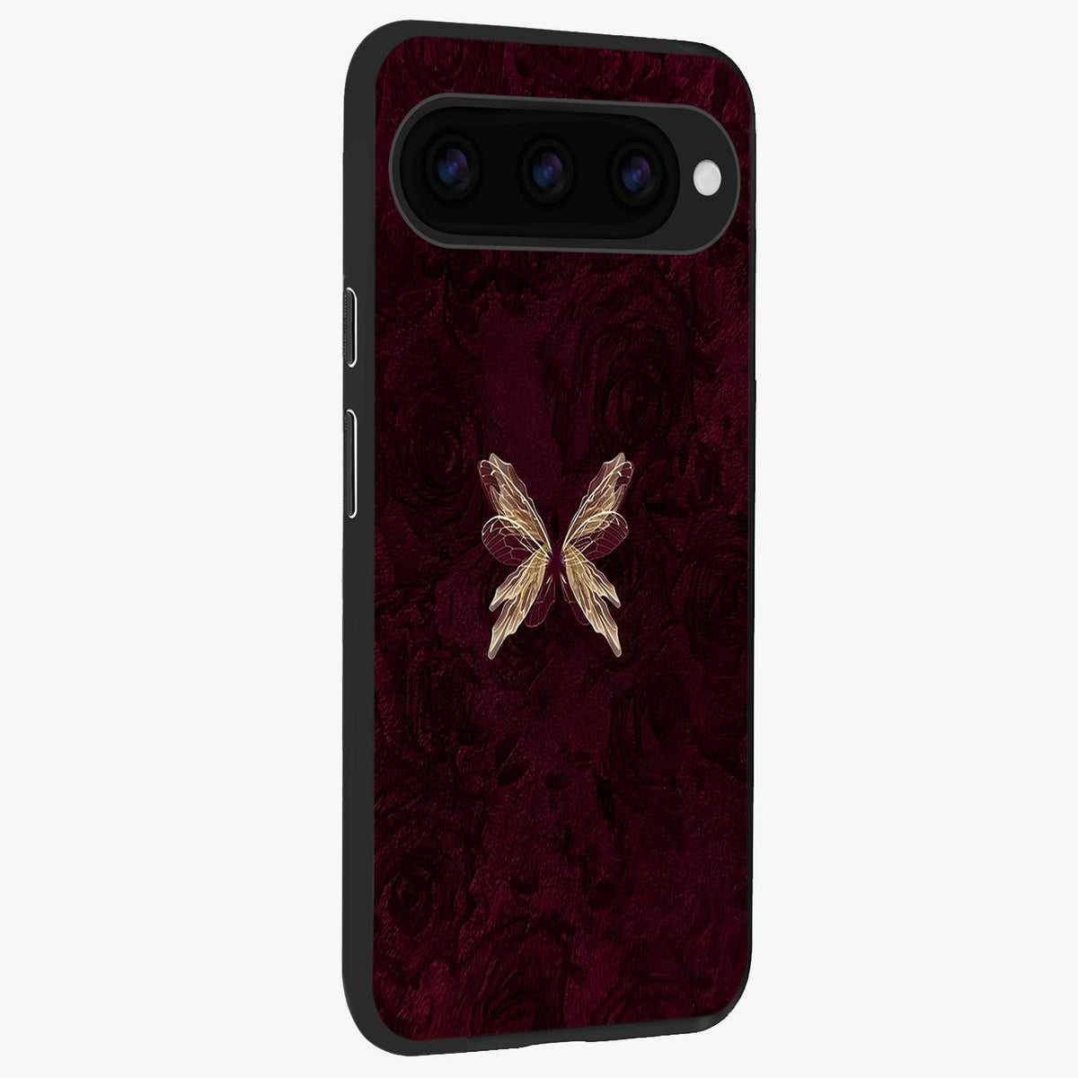 Crimson Fade Butterfly Glass Case upright view showcasing graceful butterfly artwork with soft crimson fade effect.
