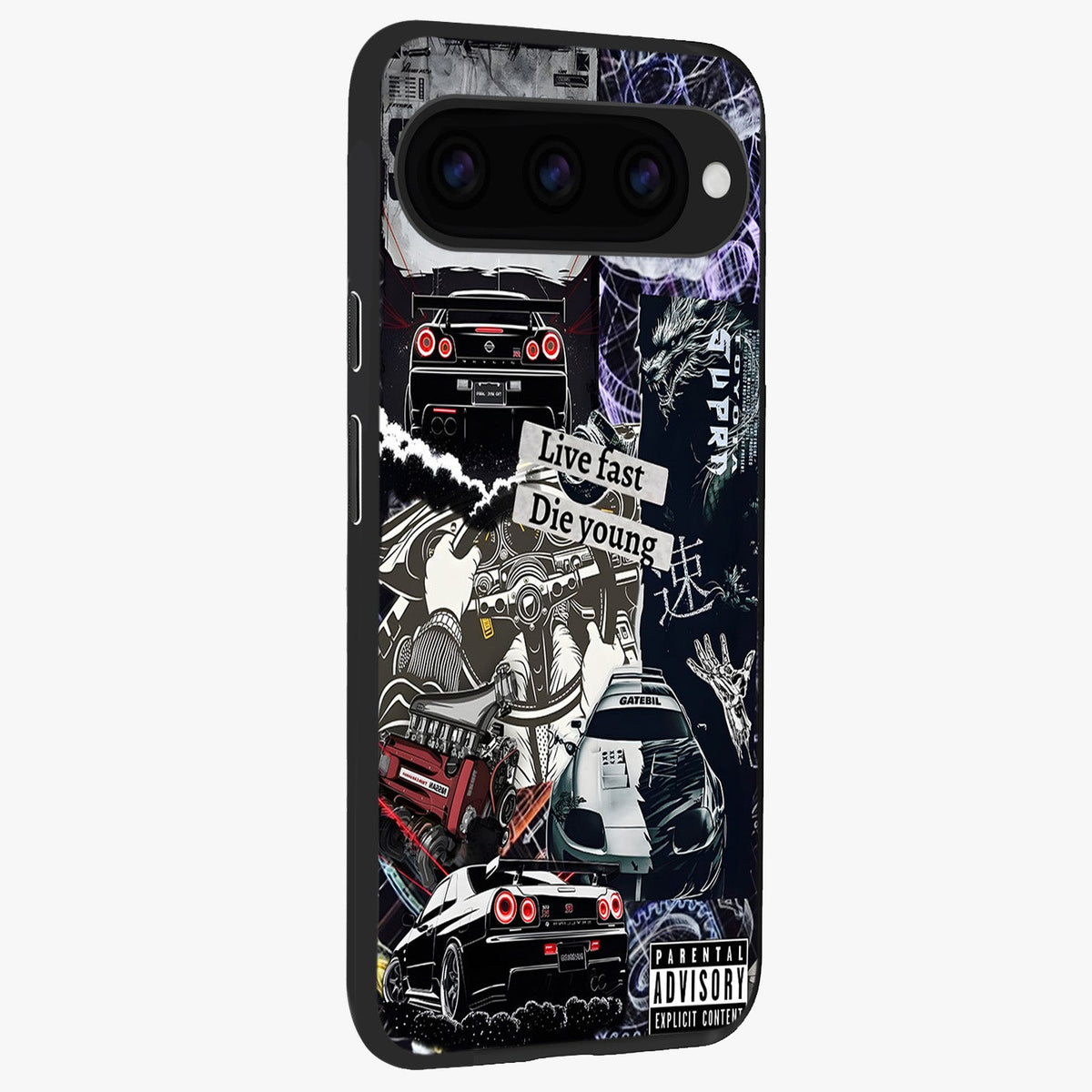 Die Young Glass Case upright view showcasing striking typography artwork with modern statement theme.