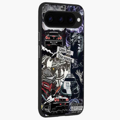 Die Young Glass Case upright view showcasing striking typography artwork with modern statement theme.
