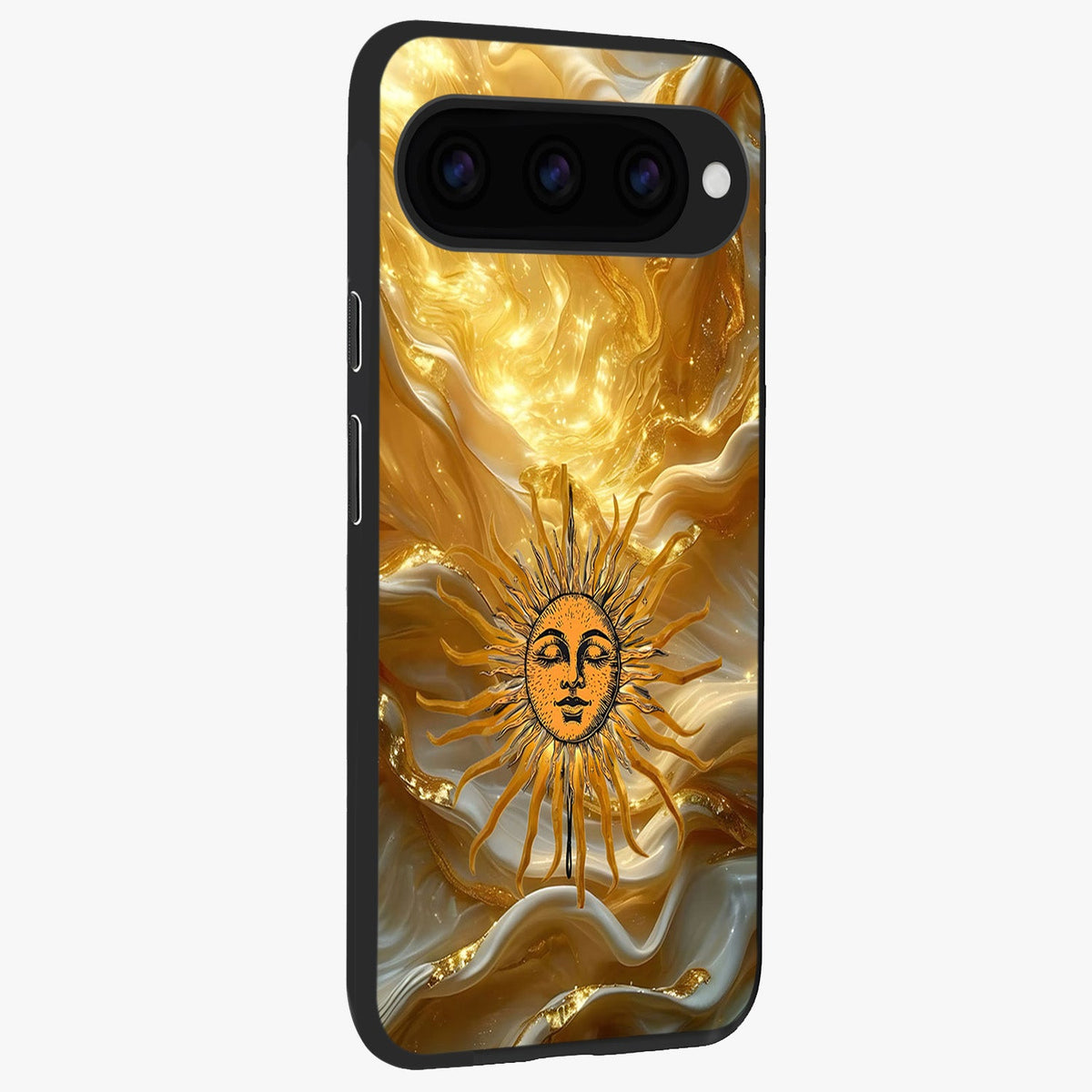Eternal Golden Glow Glass Case upright view showcasing luminous golden artwork with luxurious visual theme.