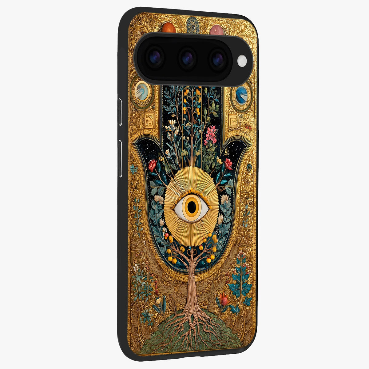 Ethereal Evil Eye Glass Case upright view showcasing celestial evil eye artwork with mystical theme.