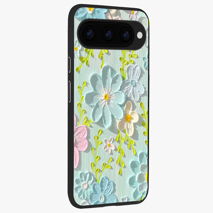 Frosted Petal Garden Glass Case upright view showcasing elegant floral garden artwork with soothing pastel theme.