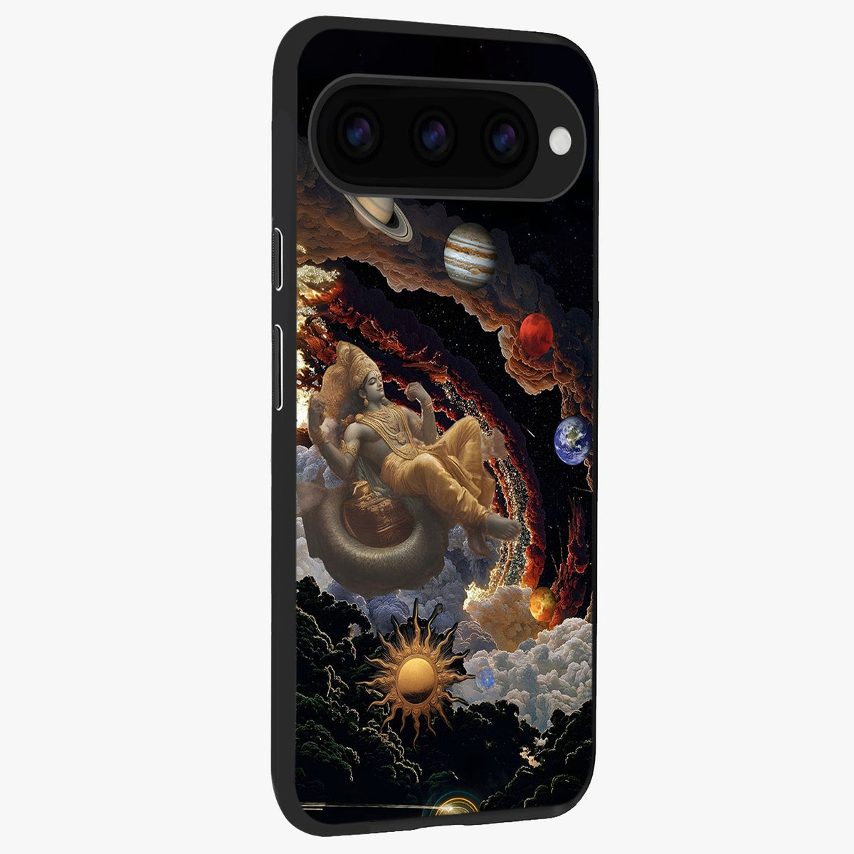 Galactic Divine God Glass Case upright view showcasing mystical divine artwork with dramatic cosmic theme.
