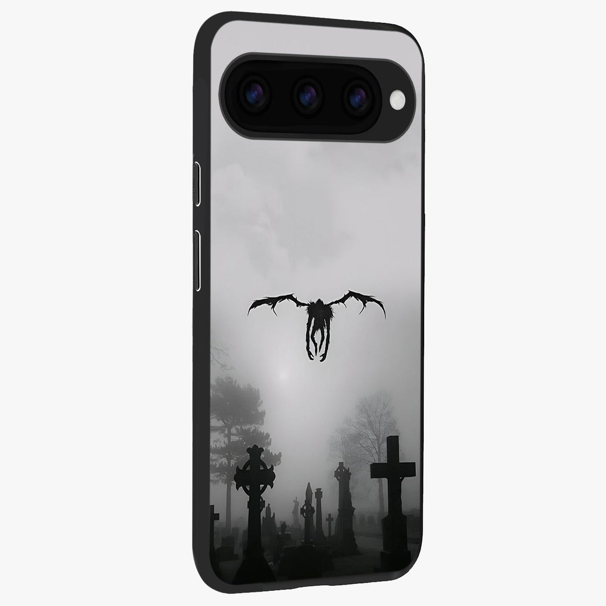 Graveyard Shadow Descent Glass Case upright view showcasing haunting graveyard artwork with dramatic dark theme.