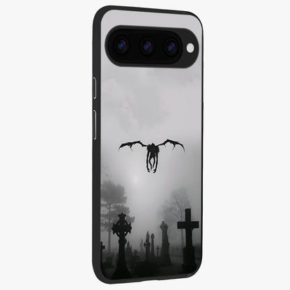 Graveyard Shadow Descent Glass Case upright view showcasing haunting graveyard artwork with dramatic dark theme.