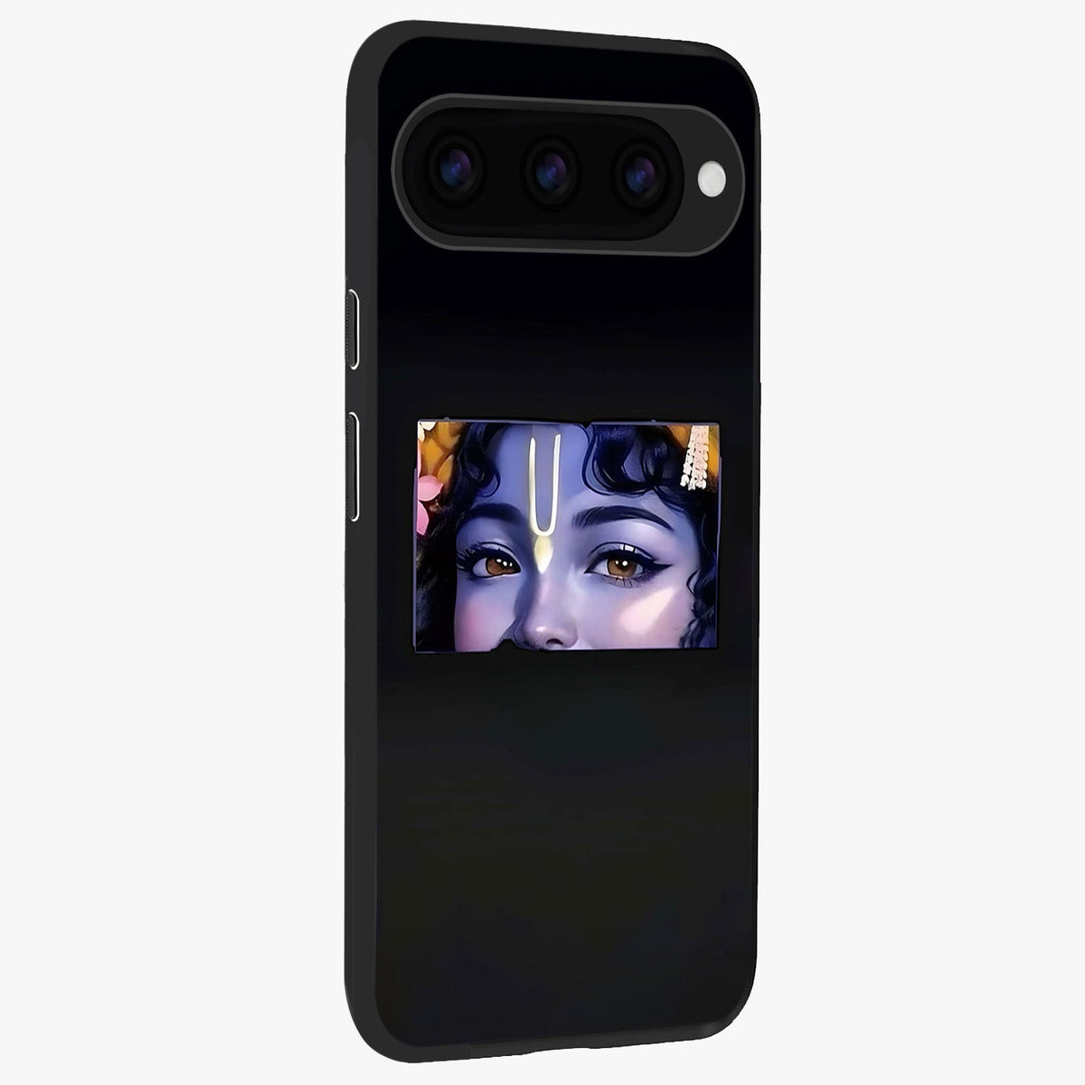 Krishna Divine Embrace Glass Case upright view showcasing sacred Krishna artwork with peaceful devotional theme.