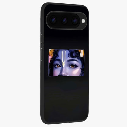 Krishna Divine Embrace Glass Case upright view showcasing sacred Krishna artwork with peaceful devotional theme.