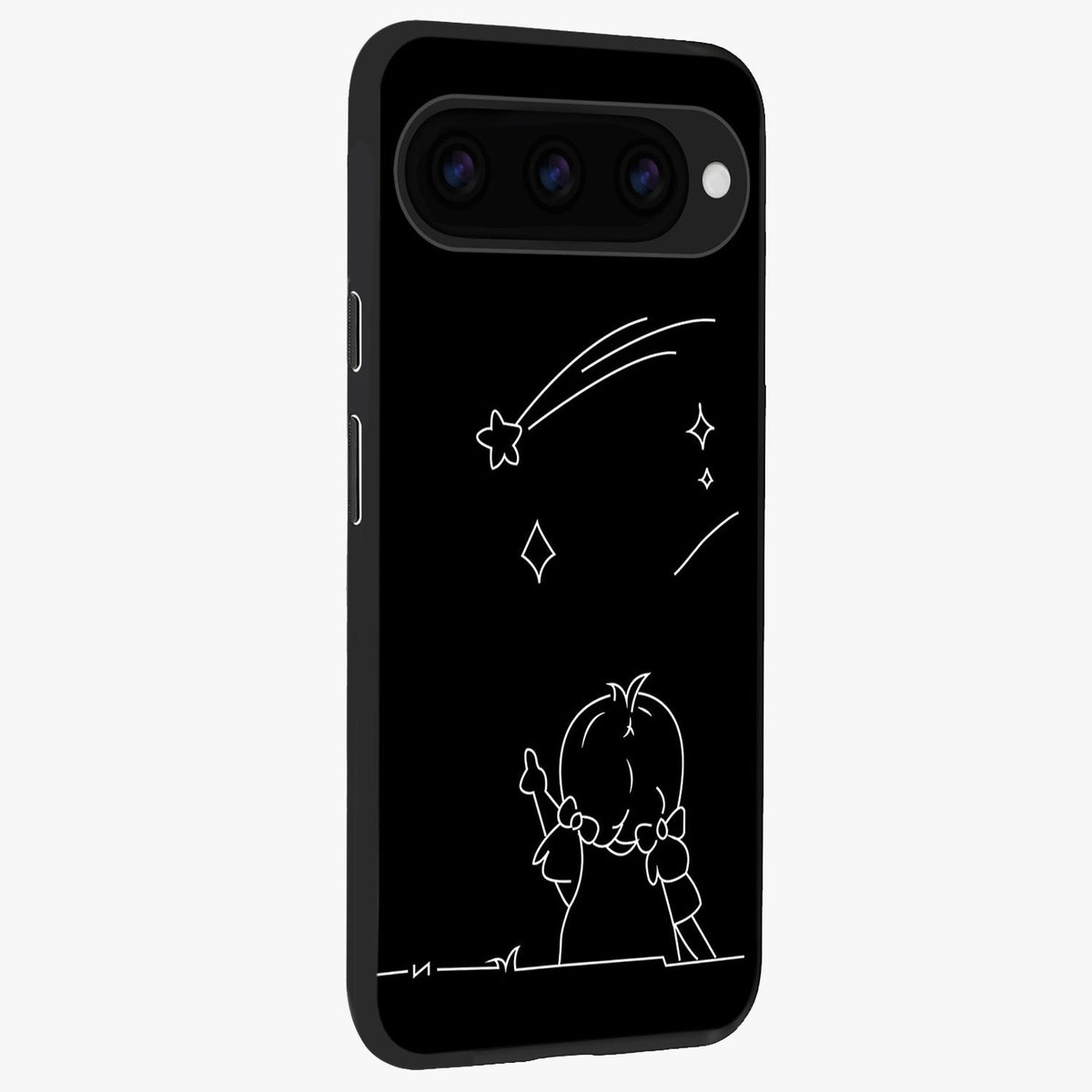 Line Art Girl With Shooting Stars Glass Case upright view showcasing delicate shooting stars artwork with minimal artistic theme.