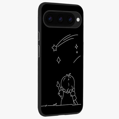 Line Art Girl With Shooting Stars Glass Case upright view showcasing delicate shooting stars artwork with minimal artistic theme.