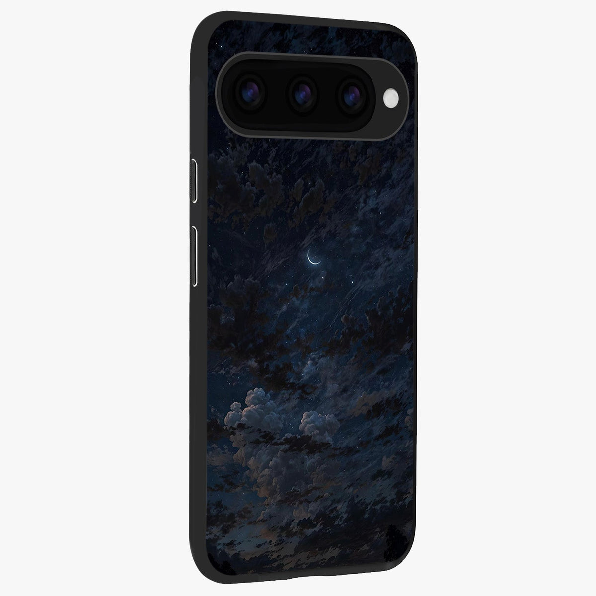 Lunar Veil Silence Glass Case upright view showcasing calm moon themed artwork with serene night atmosphere.