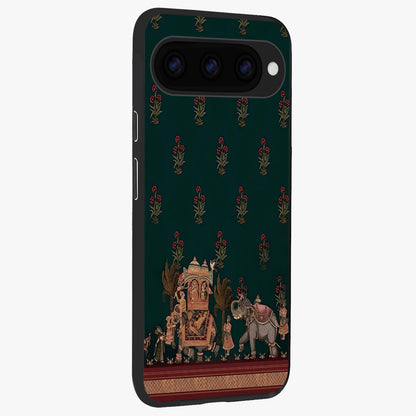 Macmerise Glass Case upright view showcasing bold artistic artwork with contemporary design theme.