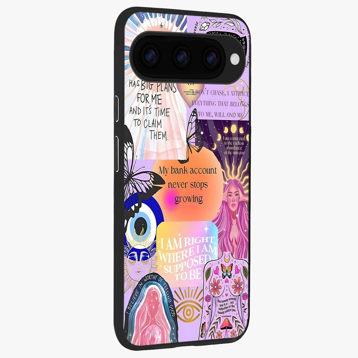 Manifestation Collage Glass Case upright view showcasing artistic manifestation themed artwork with creative style.