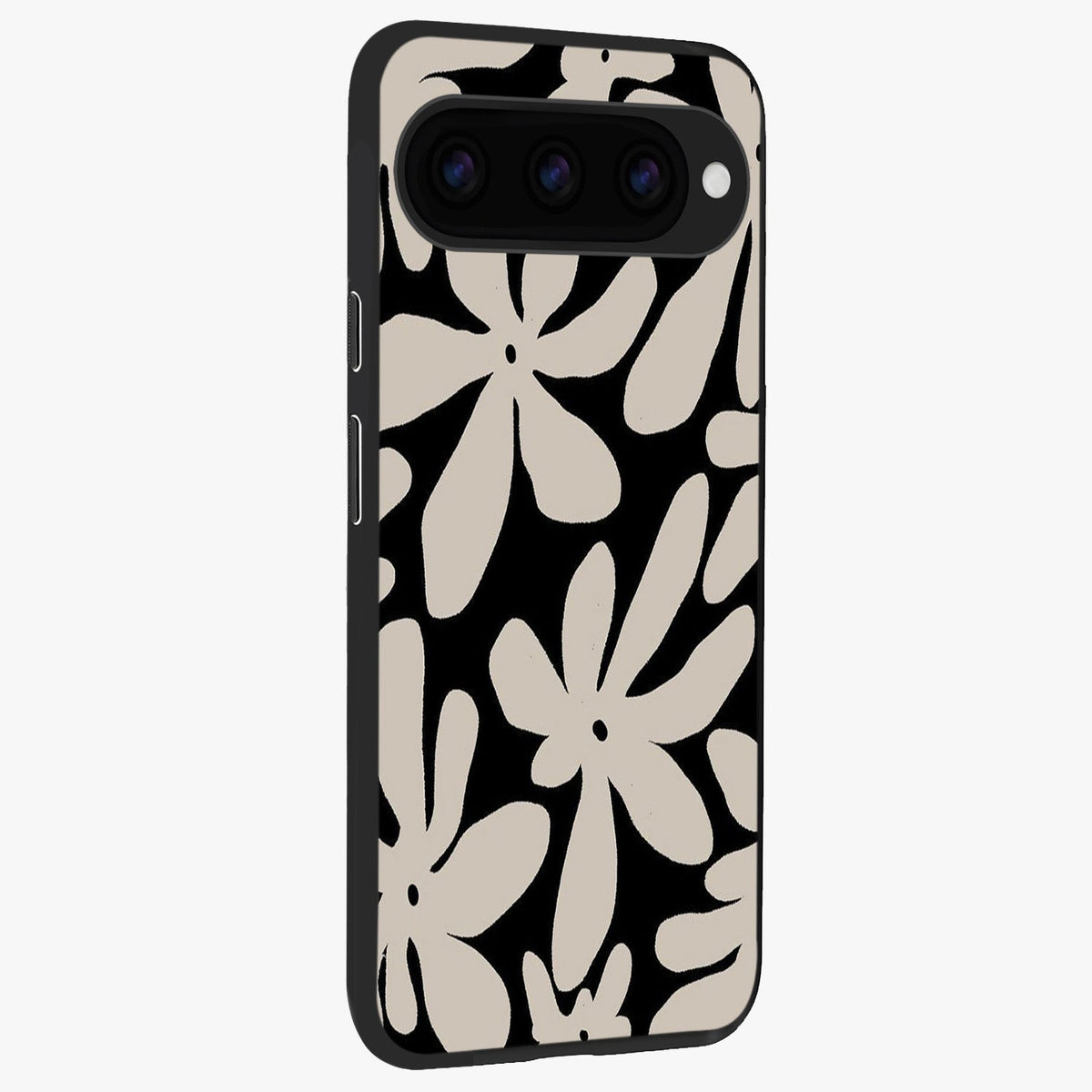 Monochrome Petal Dance Glass Case upright view showcasing artistic floral pattern with stylish monochrome theme.