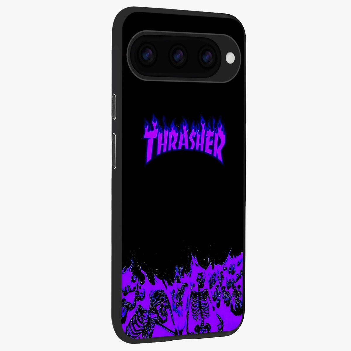 Neon Flame Riot Glass Case upright view showcasing dynamic flame artwork with energetic neon theme.