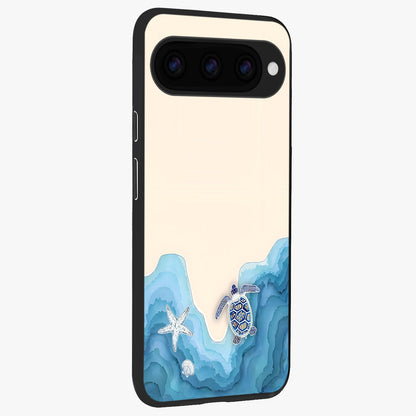 Ocean Drift Turtle Glass Case upright view showcasing calm underwater turtle artwork with nature inspired theme.