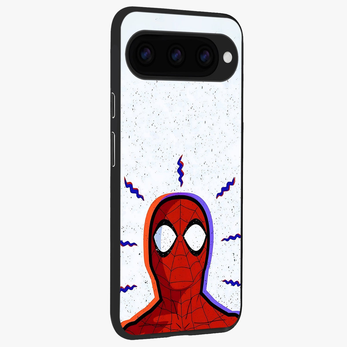 Omg Spiderman Glass Case upright view showcasing energetic superhero artwork with vibrant comic theme.