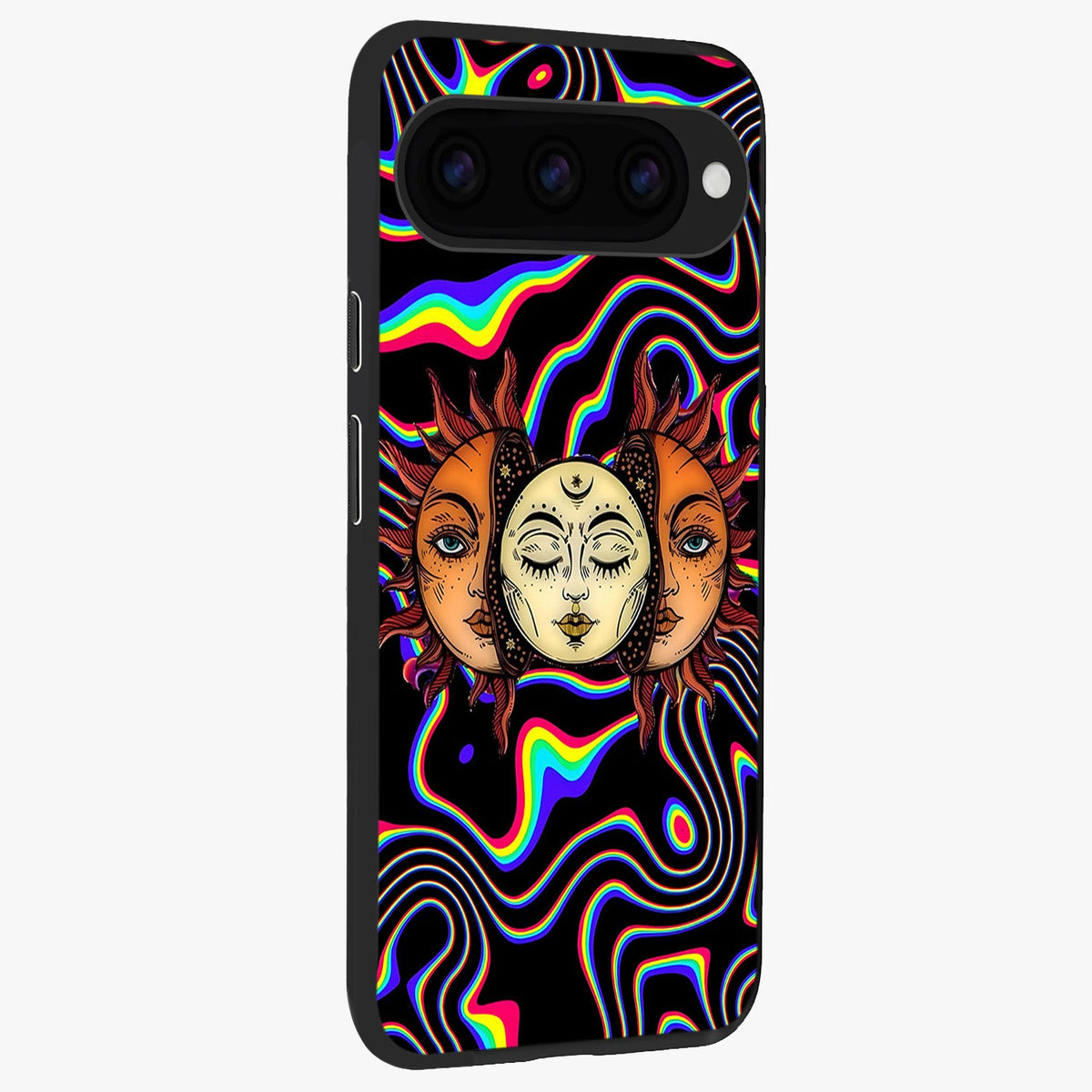 Psychedelic Sun Glass Case upright view showcasing trippy sun artwork with bold psychedelic theme.