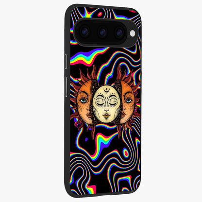 Psychedelic Sun Glass Case upright view showcasing trippy sun artwork with bold psychedelic theme.
