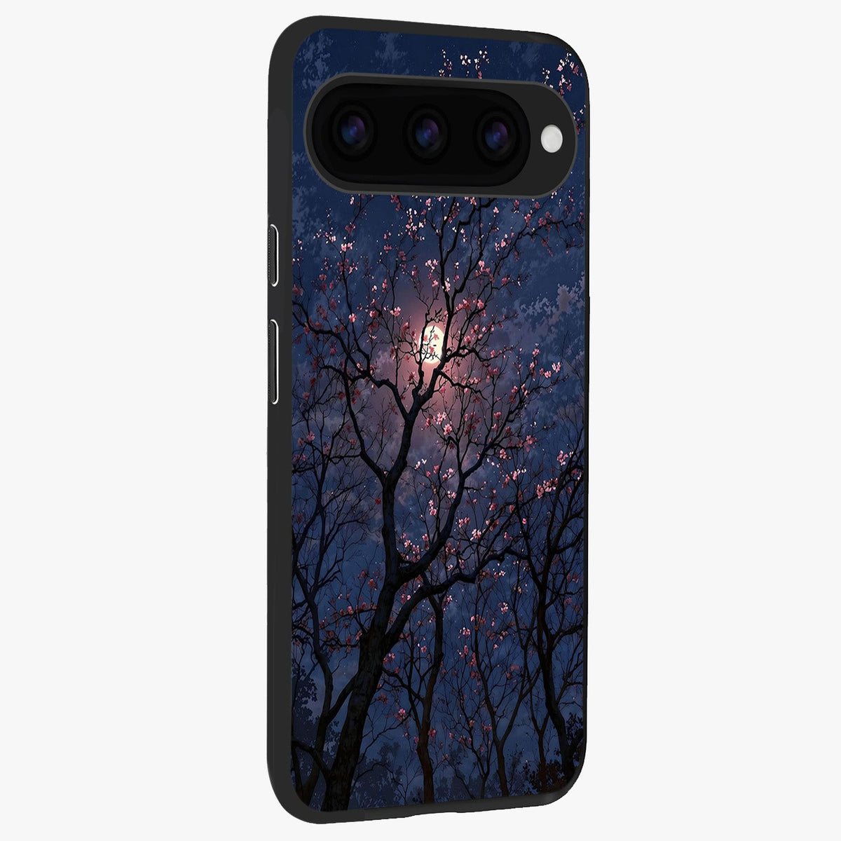 Twilight Sakura Serenade Glass Case upright view showcasing beautiful cherry blossom artwork with serene evening theme.