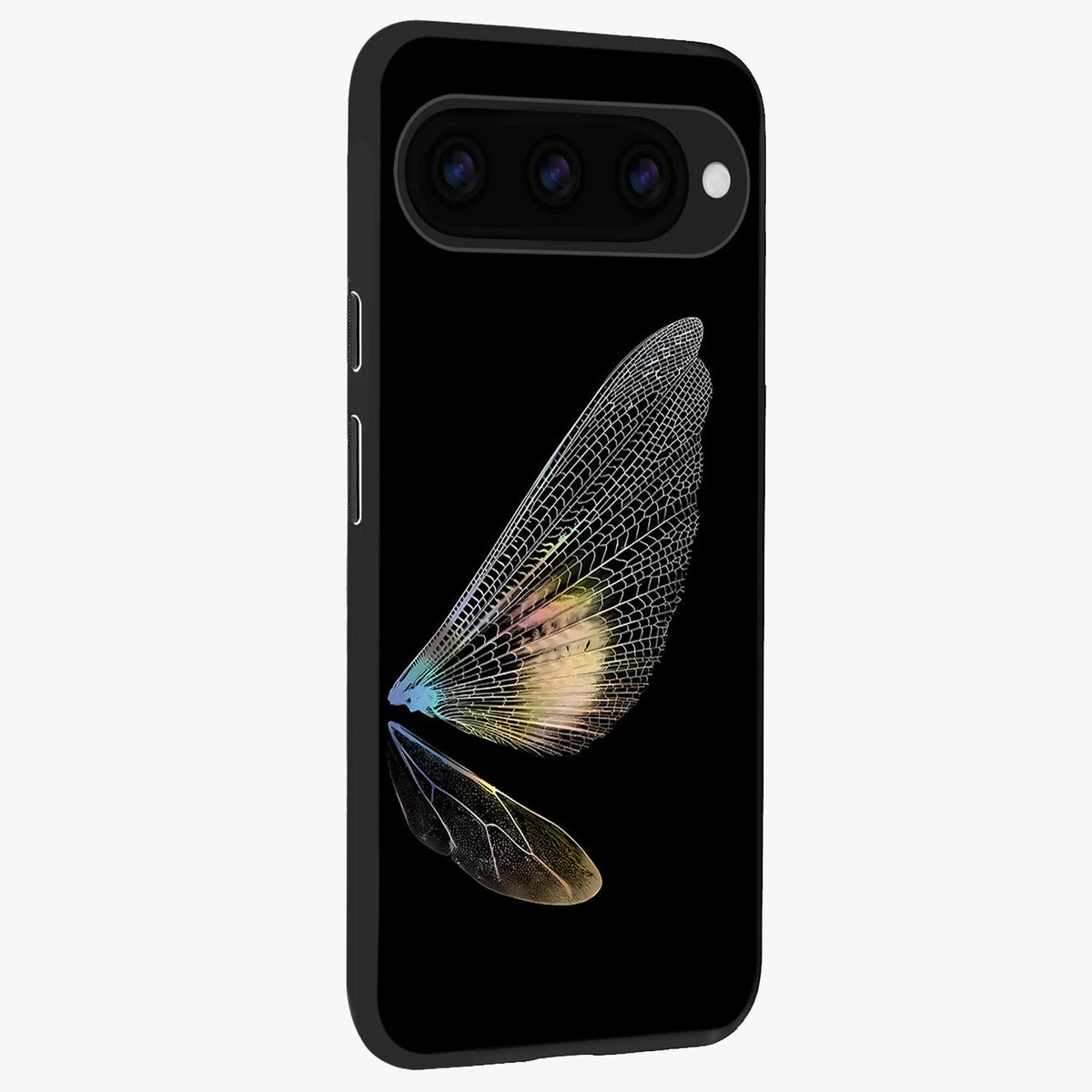 Whispers Of Wings Glass Case upright view showcasing elegant wing artwork with light airy theme.