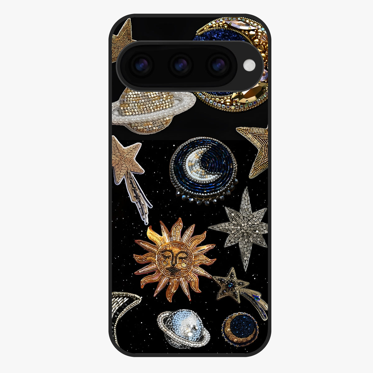 Celestial Gem Constellations Glass Case showing flat back view with sparkling constellation artwork and glossy glass finish.